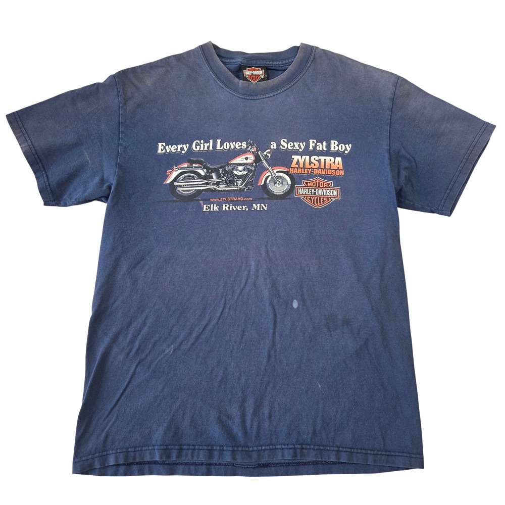 Vintage Harley-Davidson Zylstra Elk River MN Sexy Fat Boy T-Shirt Mens M Biker‎